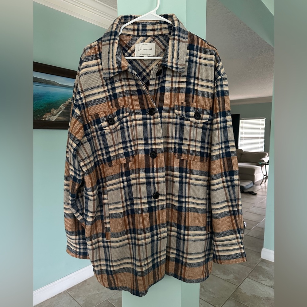 Women’s Over-Sized Lucky Brand Blue and Brown Plaid Shirt Large